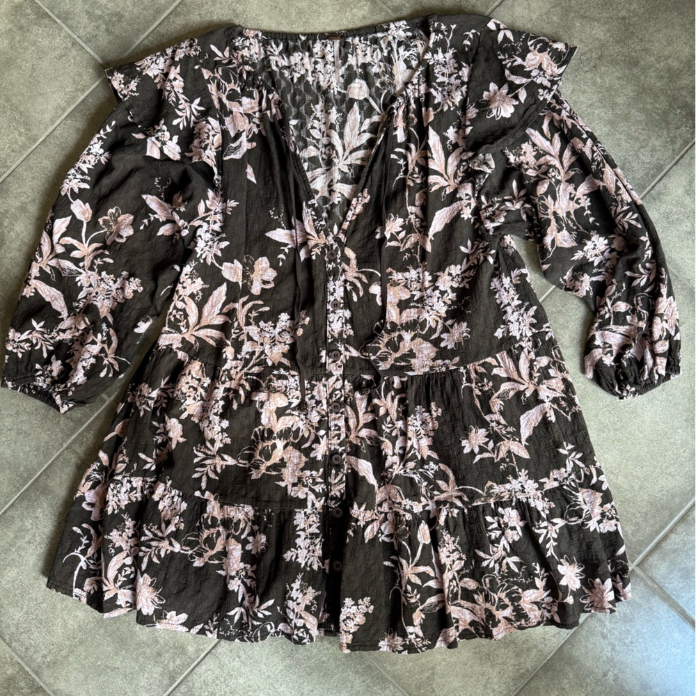 Free People Black and Pink Floral Blouse